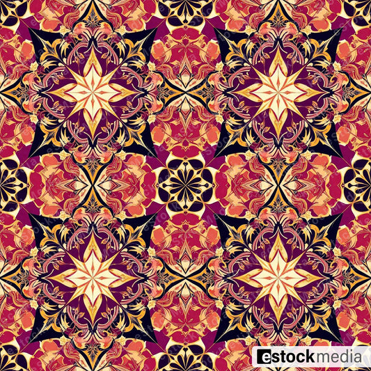 Seamless ornamental pattern with golden yellow and coral pink Art Nouveau scrollwork featuring star-shaped floral medallions on burgundy and navy background