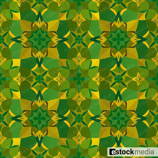 Seamless kaleidoscope pattern with green and yellow geometric star medallions featuring diamond shapes on olive green background