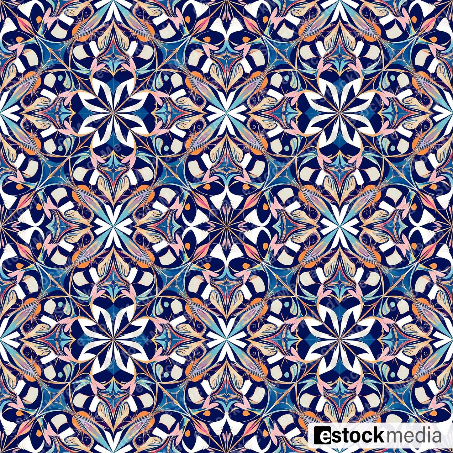 Seamless kaleidoscope pattern with cream, blue and orange Art Nouveau scrollwork featuring star-shaped floral medallions on navy background