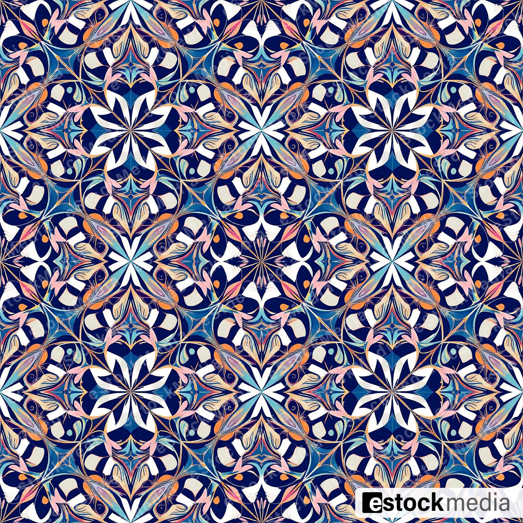 Seamless kaleidoscope pattern with cream, blue and orange Art Nouveau scrollwork featuring star-shaped floral medallions on navy background